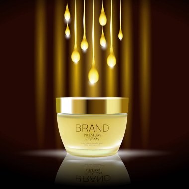 Krem özü serum altın petrol açılan arka plan, gerçekçi 3d çizim kozmetik cilt bakım reklamlar ayrıntılı. Saç maskesi doğal. Sıvı altın damlacıkları asmak. Siyah yansıma vektör çizim