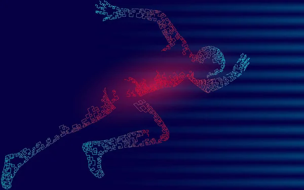 Snel onstuimig lopende sportman. Man uitvoeren hoge snelheid sport prestatie. Silhouet sprinter achtergrond. Design runner donker blauwe vectorillustratie — Stockvector