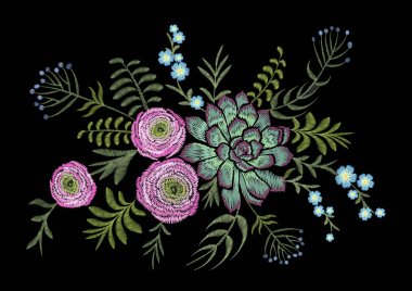 Narin pembe Düğünçiçeği succulents ot alan çiçek. Vintage kartpostal. Geleneksel nakışı çiçek desenli. Vektör halk süs siyah arka plan moda. Yama tekstil etiket illüstrasyon