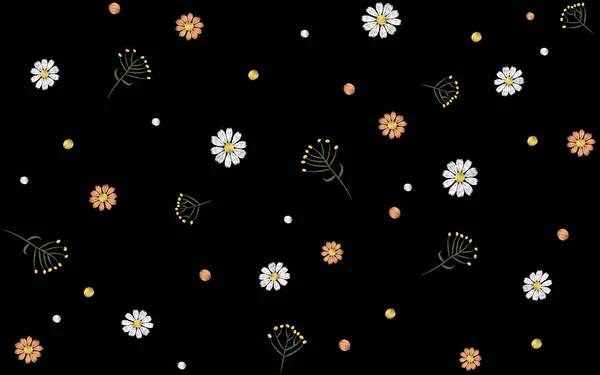 花のシームレスなパターン。フィールド ハーブ デイジー繊維印刷装飾黒背景ファッション伝統的なベクトル イラスト ヴィンテージ。カモミールの植物花頭が変な飾り. — ストックベクタ