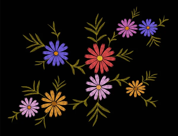 Bordado flor margarita gerberas hierba pegatina parche moda impresión textil vector ilustración. Colorido ornamento vintage — Archivo Imágenes Vectoriales