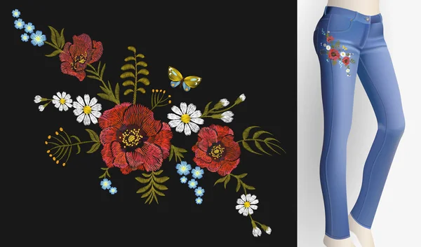 Parche de flores bordado rosa amapola margarita hierbas. Mujer slim jeans par decoración floral ornamento impresión pegatina bordado. Vintage moda de moda vector de diseño ilustración — Vector de stock