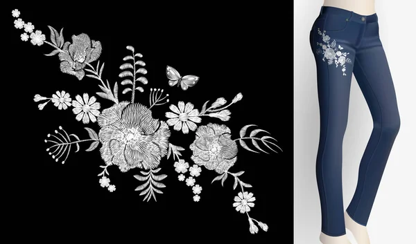 Parche de flor blanca bordada rosa amapola margarita hierbas. Mujer slim jeans par decoración adorno floral estampado bordado. Vintage moda de moda vector de diseño ilustración — Vector de stock