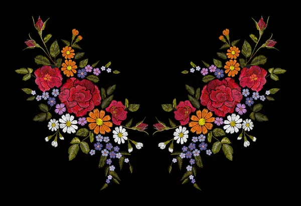 Embroidery flower rose poppy daisy gerbera herb sticker patch fashion print textile vector illustration neckline — Stock Vector