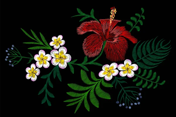 Parche de arreglo de bordado de flores de Hawaii. Moda impresión decoración plumeria hibiscus hojas de palma. Ilustración de vectores de ramo de flores exóticas tropicales — Vector de stock