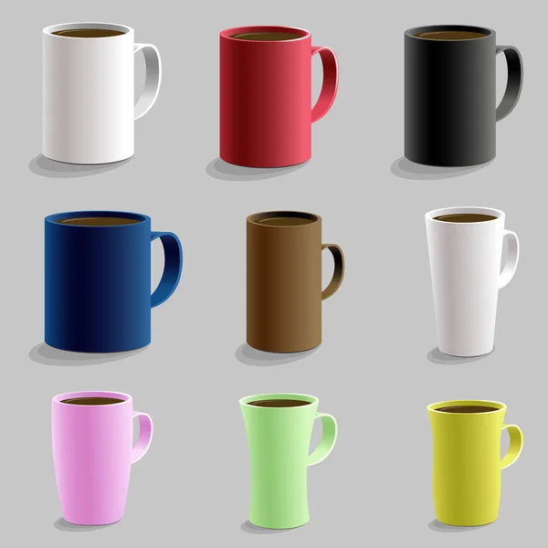 Uppsättning av olika formade mugg cup för varm dryck caffe. Isolerade detaljerad realistiska 3d vektor med skugga. Svart röd rosa gul blå vit färg — Stock vektor