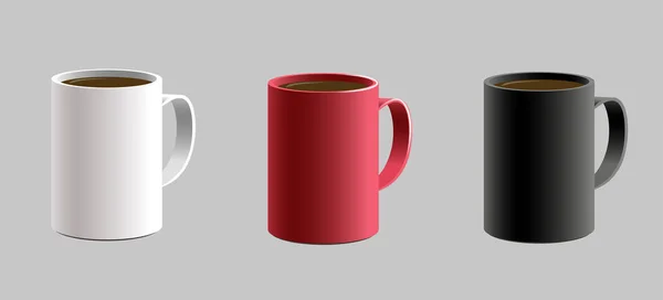 Set of various shaped mug cup for hot drink caffe. Isolated detailed realistic 3d vector with shadow. Black red white color — Stock Vector