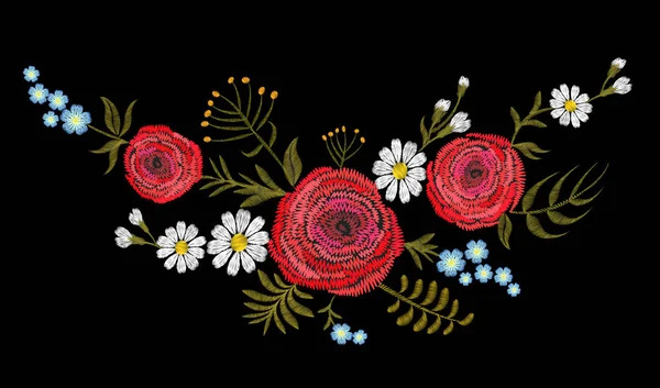 Ranunculus buttercupherb fleur de champ rouge. Carte postale vintage. Broderie traditionnelle motif floral. Vecteur folk mode ornement fond noir.Patch textile autocollant illustration — Image vectorielle