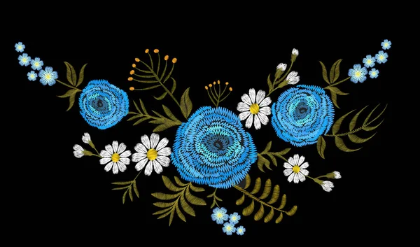 Biru Ranunculus buttercupherb bunga lapangan. Kartu pos antik. Pola bunga bordir tradisional. Vektor folk fashion ornamen warna hitam background.Patch gambar stiker - Stok Vektor