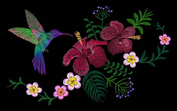 Hawaï arrangement de broderie de fleurs patch. Mode impression décoration plumeria hibiscus feuilles de palmier. Illustration vectorielle des colibris exotiques tropicaux en fleurs — Image vectorielle