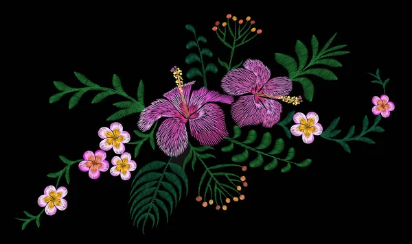 Hawaje kwiat haft Rozmieszczenie poprawki. Liście moda ozdoba wydruku plumeria hibiscus palmowe. Tropikalne egzotyczne kwitnący bukiet ilustracja wektorowa — Wektor stockowy