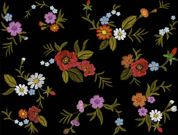 자 수 개 장미와 다채로운 꽃 패턴을 내게 없는 꽃을 잊지. 원활한 검은색에 벡터 전통적인 민속 패션 장식. — 스톡 벡터