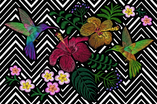 Kolibřík kolem květ plumeria ibišek exotické tropické letní květ. Vyšívací módní patch dekorace textilu tisku Černý bílý pruh geometrické pozadí šablona — Stockový vektor