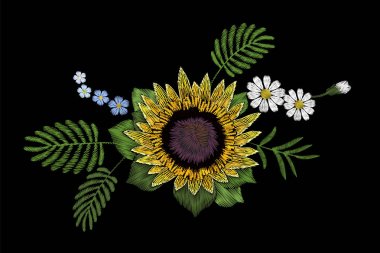 Nakış renkli çiçek desenli ayçiçeği daisy ve beni değil çiçek unut. Vektör geleneksel halk moda süsleme yama siyah sorunsuz arka plan.