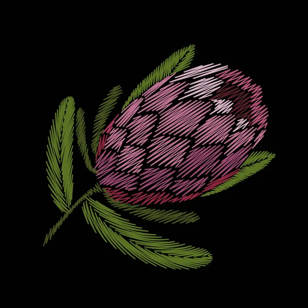 Haft kwiatowy patch protea kwitnąć tropikalnych. Egzotyczny kwiat różowy liści moda wydruku włókienniczych ścieg ozdoba szczegółowych ilustracji wektorowych — Wektor stockowy