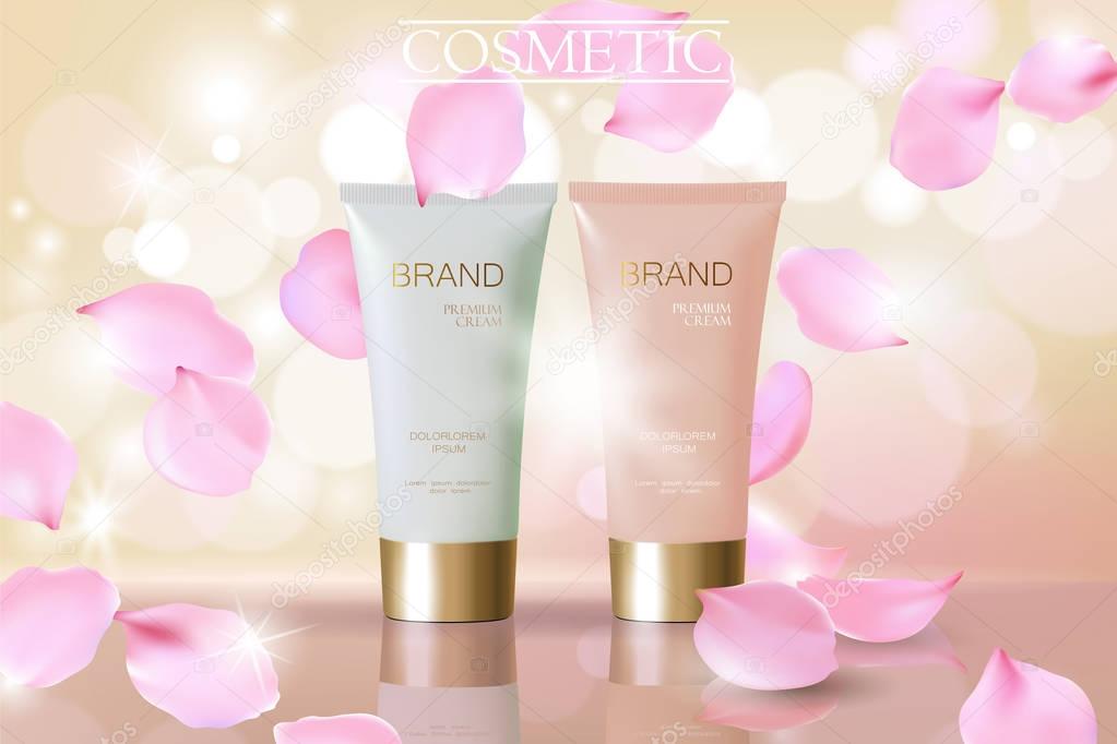 Delicate pink flower falling petals cosmetic ad. Beige white face cream rose blossom mask tube reflection package mockup blurred defocused shiny background template vector promoting illustration
