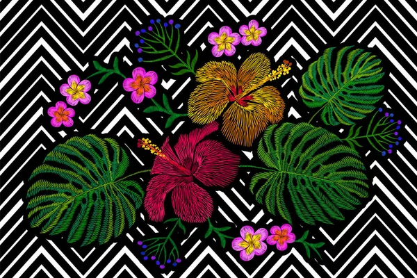 Tropická vyšívání aranžování květin. Exotické rostliny květ letní džungle. Oprava tisku textilní módní. Havajské ibišky plumeria monstera geometrické bezešvé proužek vektorové ilustrace — Stockový vektor