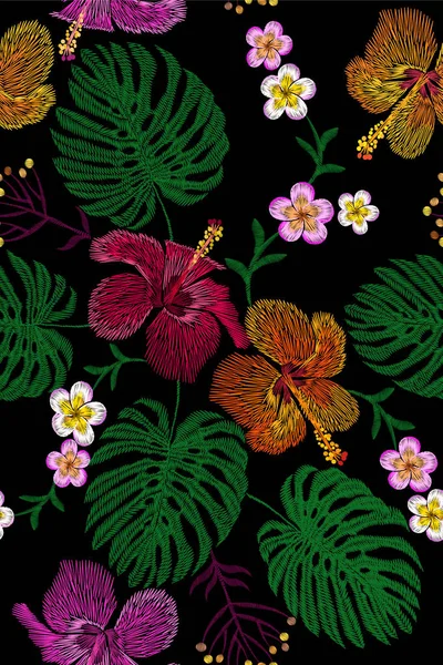 Układania kwiatów tropikalnych haft. Egzotycznych roślin kwitnąć lato jungle. Sposób drukowania włókienniczego łatą. Hawaii hibiscus plumeria monstera wektor ilustracja — Wektor stockowy