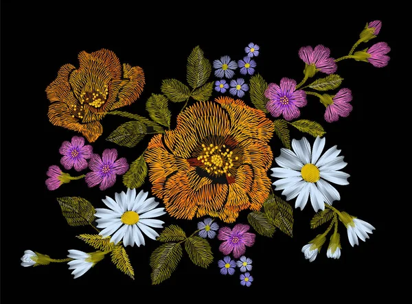Hímzés virág narancssárga mák daisy gerbera gyógynövény matrica javítás divat nyomtathat textil vektoros illusztráció — Stock Vector