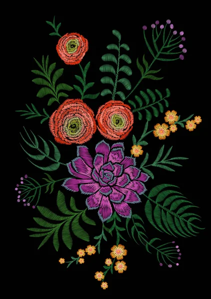 Délicat rose Ranunculus succulents herbe fleur de champ. Carte postale vintage. Broderie traditionnelle motif floral. Vecteur folk mode ornement fond noir.Patch textile autocollant illustration — Image vectorielle
