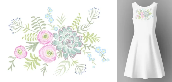Wanita kulit putih berpakaian 3d realistik mock up bunga bordir dekorasi mode. Bunga succulent ranunculus eucalyptus patch neckline tampilkan gambar vektor tekstil - Stok Vektor