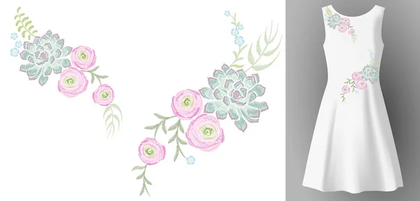 Vestido de mujer blanca 3d realista maqueta de decoración de moda bordado floral. Flor suculenta ranúnculo eucalipto parche escote impresión textil vector ilustración — Vector de stock