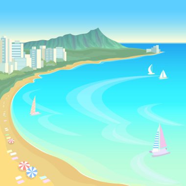 Hawaii Okyanusu koyu mavi su güneşli gökyüzü yaz seyahat tatil arka plan. Tekneler kum plaj şemsiye sıcak gün sahne manzara görünümü vektör çizim