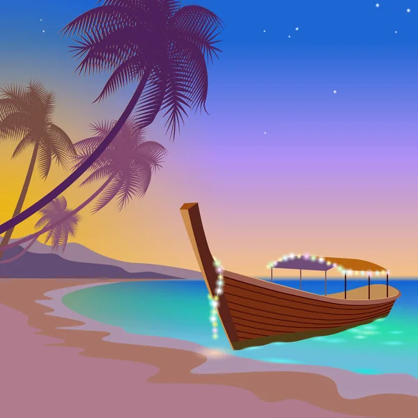 Barca tramonto vacanza al mare. Romantico data viaggio di nozze tempo libero costa sabbiosa rosa tramonto cielo. Palm spiaggia oceano riva vettore illustrazione sfondo — Vettoriale Stock
