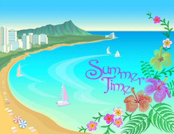 Hawai océano bahía azul agua cielo soleado verano viajes vacaciones fondo. Barcos arena flores de playa sombrillas día caliente escena paisaje vista vector ilustración — Vector de stock