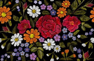 Nakış çiçek gül haşhaş daisy gerbera bitki etiket yama moda baskı tekstil vektör çizim