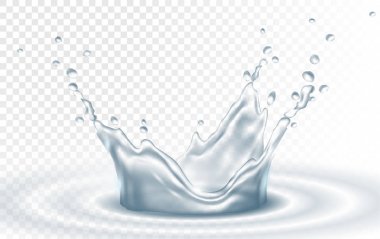 Su sıçrama damlacık aqua taç düşen dalga yüzeyi şeffaf arka plan izole ışık mavi renklerde. 3D gerçekçi detaylı vektör çizim