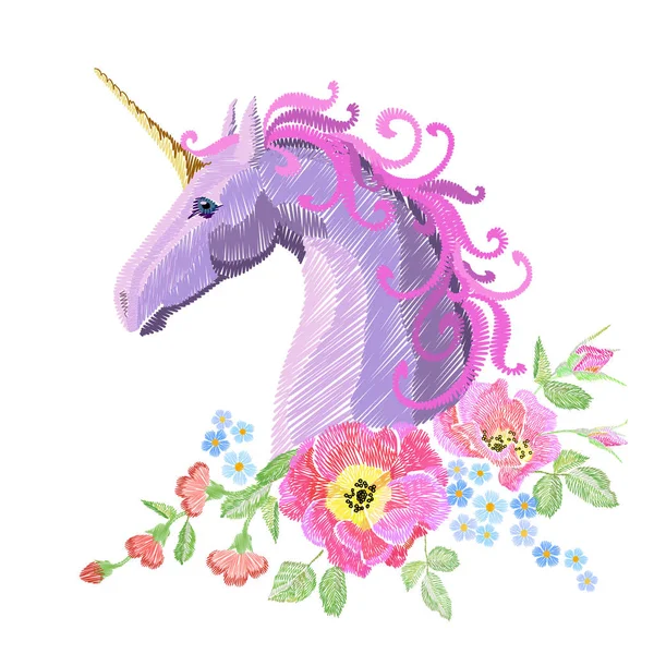 Magic Unicorn bordado crewel patch adesivo tecido estampado têxtil. Arranjo de papoila flor costura textura fundo branco. Fantasia menina rosa cavalo cabeça vetor ilustração —  Vetores de Stock