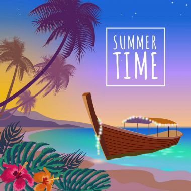 Tekne günbatımı deniz yaz tatili. Romantik seyahat eğlence kumlu Sahili pembe günbatımı gökyüzü. Palm beach okyanus kıyısında vektör çizim arka plan