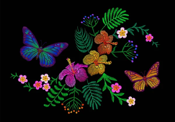 Parche de arreglo de bordado de flores de Hawaii. Moda impresión decoración plumeria hibiscus hojas de palma. Tropical exótica flor ramo mariposa vector ilustración — Vector de stock
