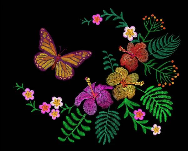 Parche de arreglo de bordado de flores de Hawaii. Moda impresión decoración plumeria hibiscus hojas de palma. Tropical exótica flor ramo mariposa vector ilustración — Vector de stock