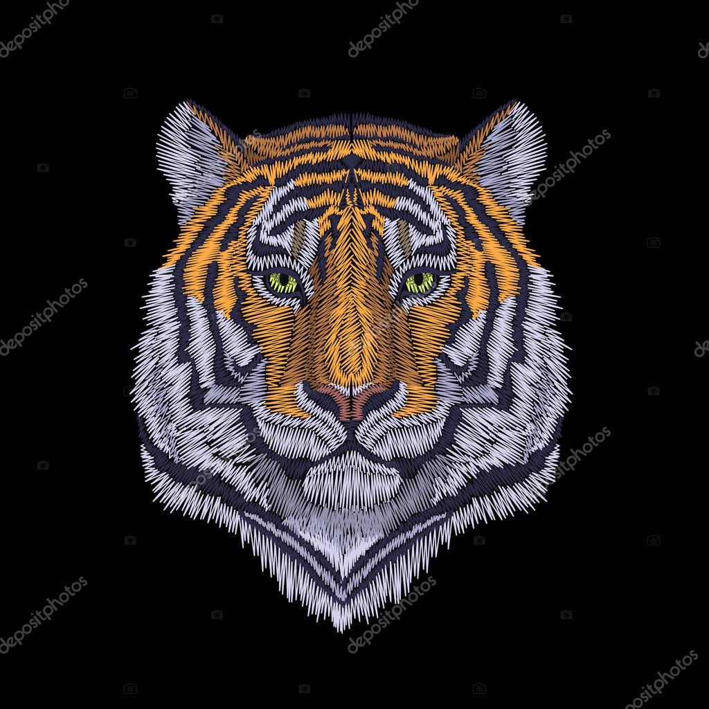 Tiger head noble staring. Front view embroidery patch sticker. Orange striped black wild animal stitch texture textile print. Jungle logo vector illustration art