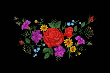 Çiçek nakış doku yama yükseldi. Kırmızı alan çiçek bitki Tekstil baskı yaka geleneksel süsleme süslü vektör çizim siyah arka plan üzerine