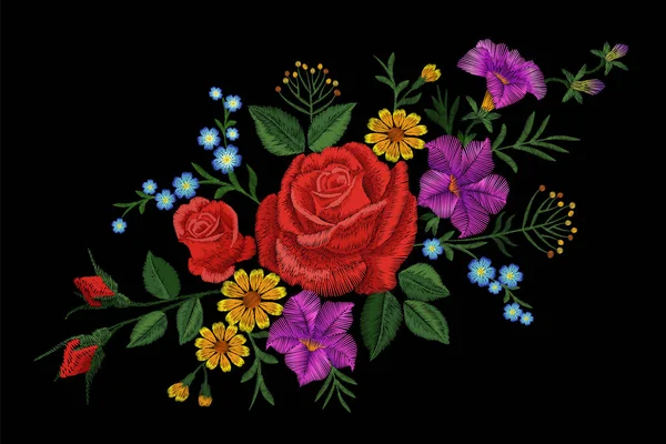 Aufnäher mit rosafarbenen Blumen-Stickereien. rotes Feld Blume Kraut Textildruck Ausschnitt traditionelle Dekoration reich verzierte Vektorillustration auf schwarzem Hintergrund — Stockvektor