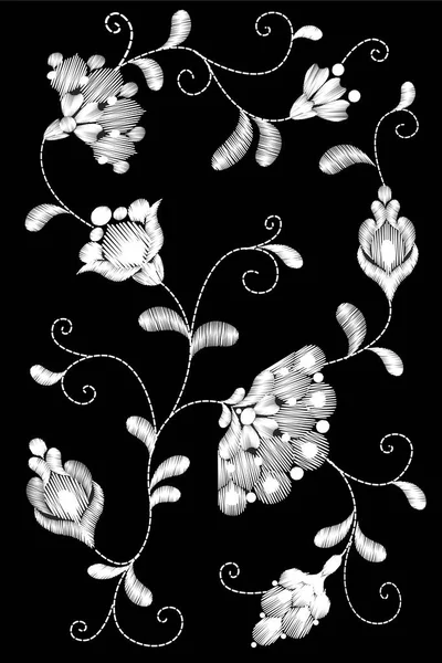 部族の花刺繍 crewel パッチ。ブラック ホワイト白黒レースお花のテキスタイルの飾り。華やかなベクトル図 — ストックベクタ