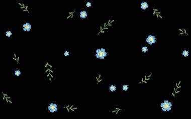 Dal dal ot otlar Dikişsiz desen bırakır. Nakış vektör mavi çiçek Dekorasyon Tekstil baskı resimde siyah arka plan üzerine