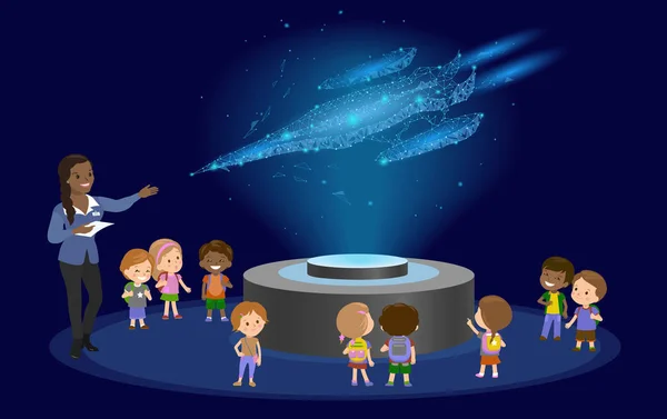 Yenilik Eğitim İlköğretim Okulu Afrika kahverengi deri siyah saç grubu çocuklar planetaryum bilim uzay gemisi hologram uzay gelecek Müzesi merkezi üzerinde. vektör çizim. — Stok Vektör