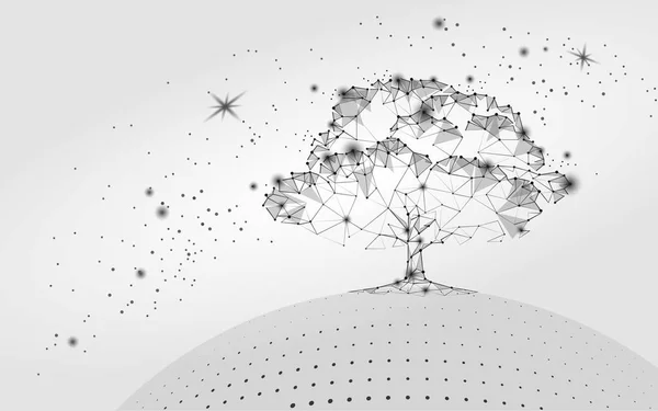 Veelhoekige boom grijs witte hemelachtergrond. Abstract aarde eco globe begrip. Aangesloten dot lijn punt kunst leven wortel vectorillustratie — Stockvector