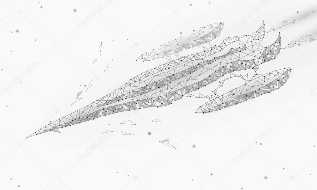 Low poly starship. Future technology business concept design. Triangle polygonal connected dots shiny star space. Rocket white gray neutral model 3d isolated sky vector illustration