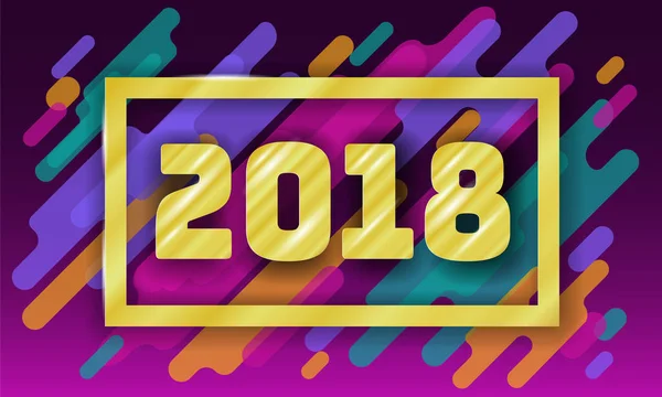 Nuovo anno 2018 modello di biglietto di auguri. Motion Dynamic Shapes Material Design. Colorato sfondo geometrico numero d'oro. Viola rosa colore verde vettoriale illustrazione — Vettoriale Stock