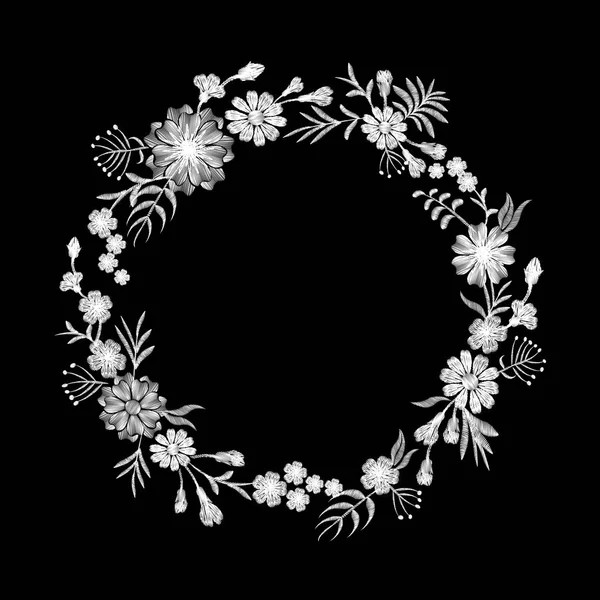 Blumen schwarz weiß Gänseblümchen Stickerei rundes Arrangement. Vintage viktorianischen Blumenschmuck Mode Textildekoration. Stich Textur Vektor Illustration — Stockvektor