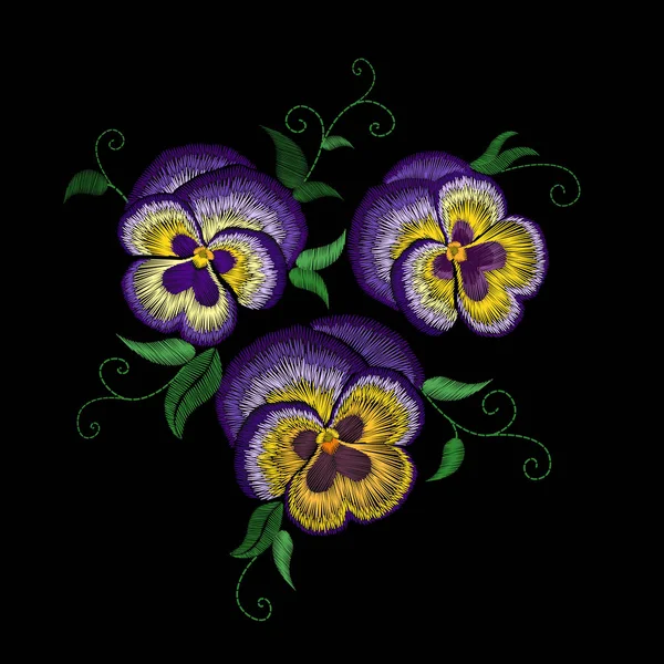 Stiefmütterchen-Stickerei-Blumenaufnäher. Stich Textur-Effekt. traditioneller floraler Modeschmuck. violett violett gelb Farbe schwarz hintergrund vektor illustration — Stockvektor