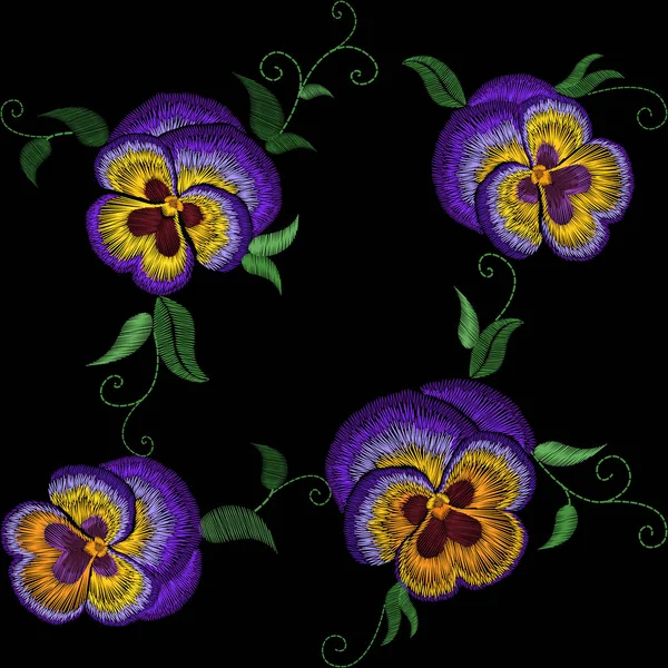 Pansy patch fleur de broderie. Coudre l'effet de texture. Mode florale traditionnelle décorationmotif sans couture. Violet violet jaune couleur noir fond vectoriel illustration — Image vectorielle