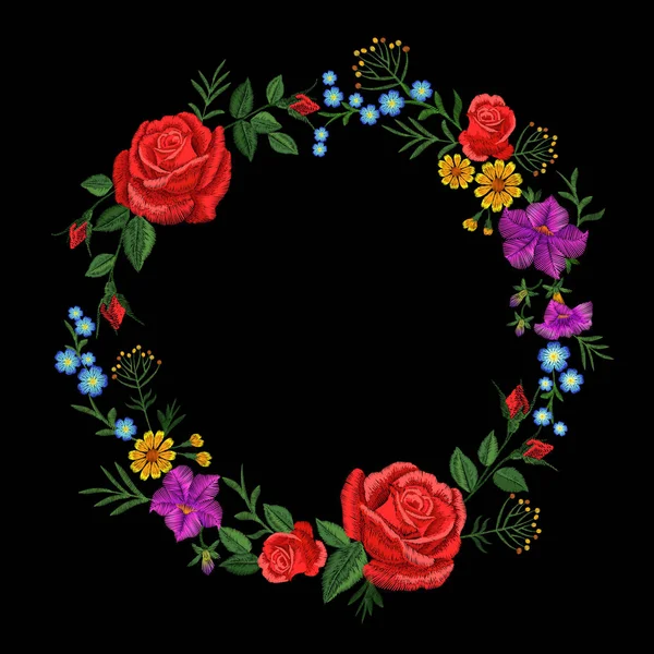 Floral rouge rose bleu violet marguerite broderie ronde arrangement. Vintage Victorienne fleur ornement mode décoration textile. Illustration vectorielle de texture de point — Image vectorielle