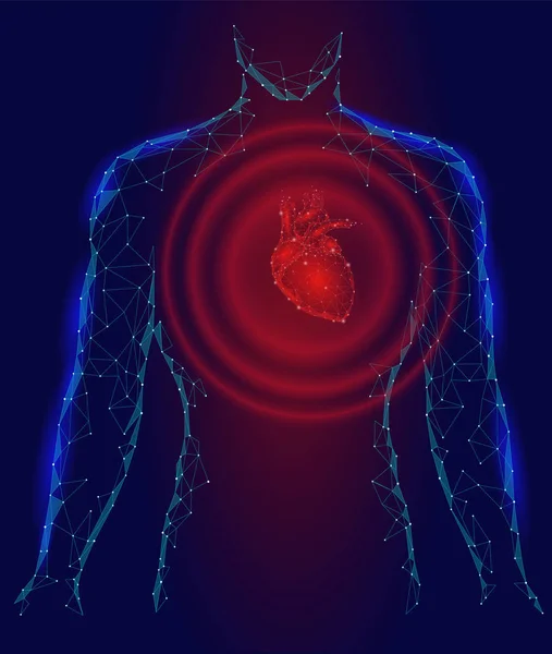 Hombre silueta corazón late 3d medicina enfermedad modelo bajo poli. Triángulo puntos conectados brillan punto rojo fondo azul. Impulso de dolor de onda de la ilustración del vector corporal interno — Vector de stock