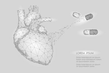 İnsan kalbi ilaç tedavisi ilaç iç Organ üçgen düşük Poli. Nokta beyaz gri nötr renk teknoloji 3d modeli tıp sağlıklı vücut part vektör çizim bağlı